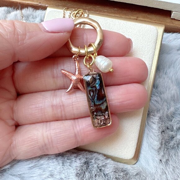 Abalone with Freshwater Pearl Starfish Charm Gold Long Necklace - Picture 6 of 6